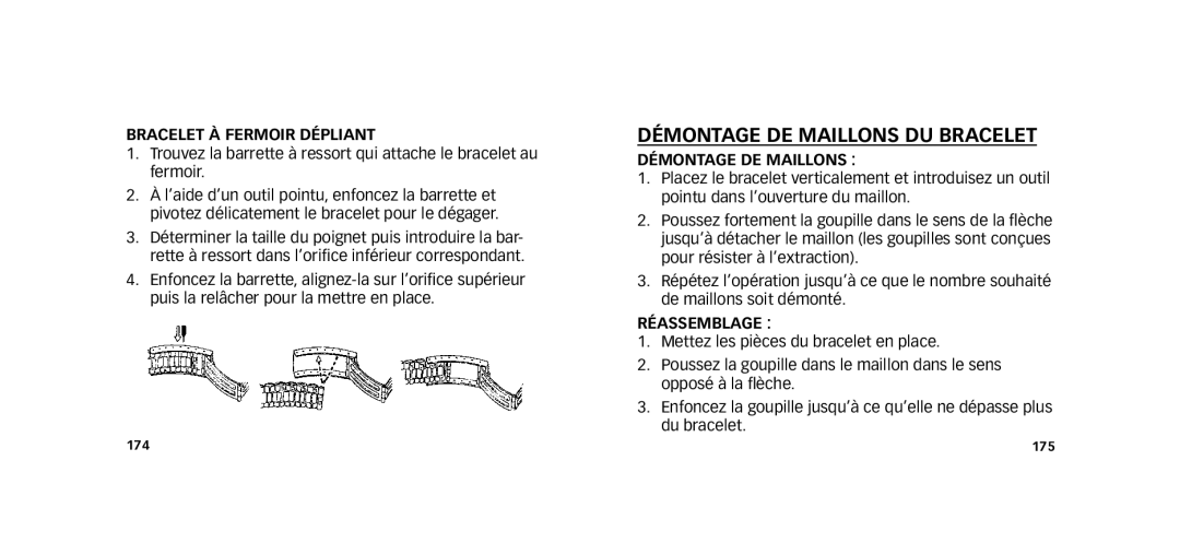 Timex W273 EU1 355-095009-02 manual Démontage de maillons du bracelet, Bracelet à fermoir dépliant, Réassemblage 