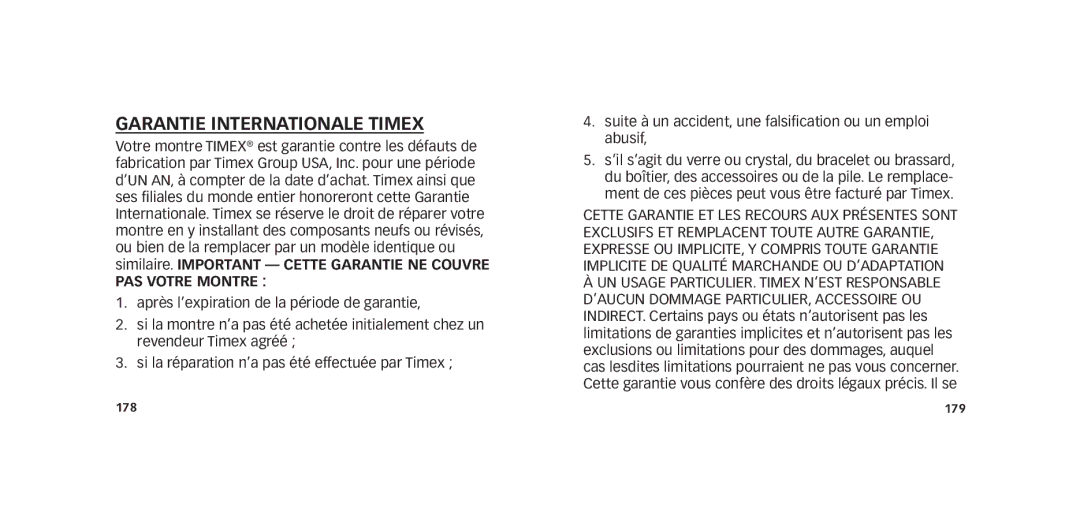 Timex W273 EU1 355-095009-02 manual Garantie Internationale Timex, PAS Votre Montre 