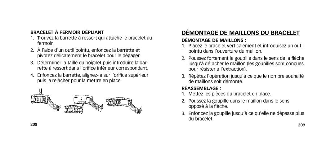 Timex W273 EU1 355-095013 manual Démontage DE Maillons DU Bracelet, Bracelet À Fermoir Dépliant, Réassemblage 