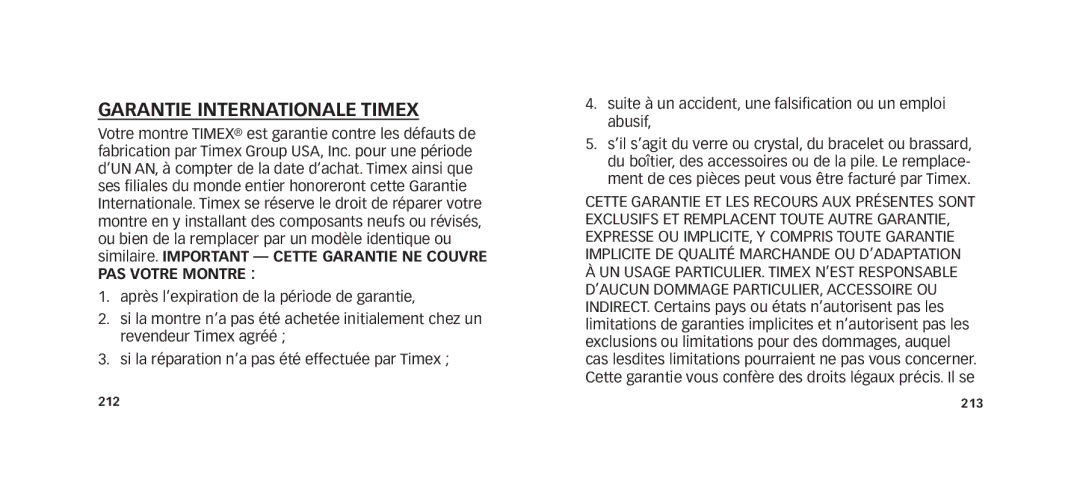 Timex W273 EU1 355-095013 manual Garantie Internationale Timex, PAS Votre Montre 