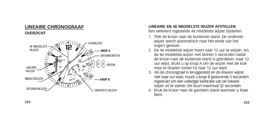 Timex W273 EU1 355-095013 manual Lineaire Chronograaf, Overzicht Lineaire EN 4E Middelste Wijzer Afstellen 