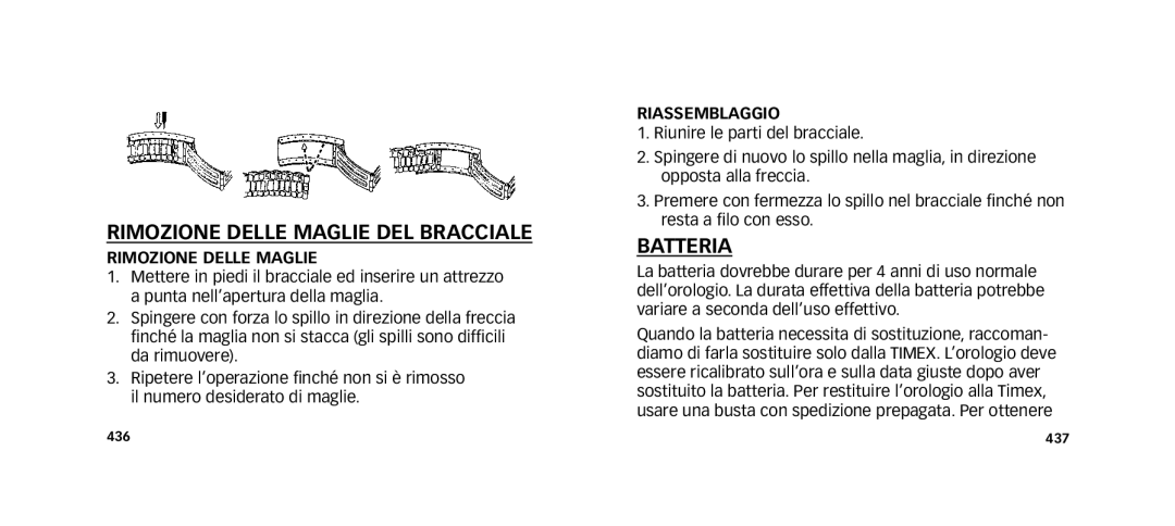 Timex W273 EU1 355-095013 manual Rimozione Delle Maglie DEL Bracciale, Batteria, Riassemblaggio 