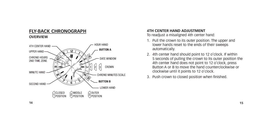 Timex W273 NA 355-095008-02 manual Fly-Back Chronograph, 4th center hand adjustment 