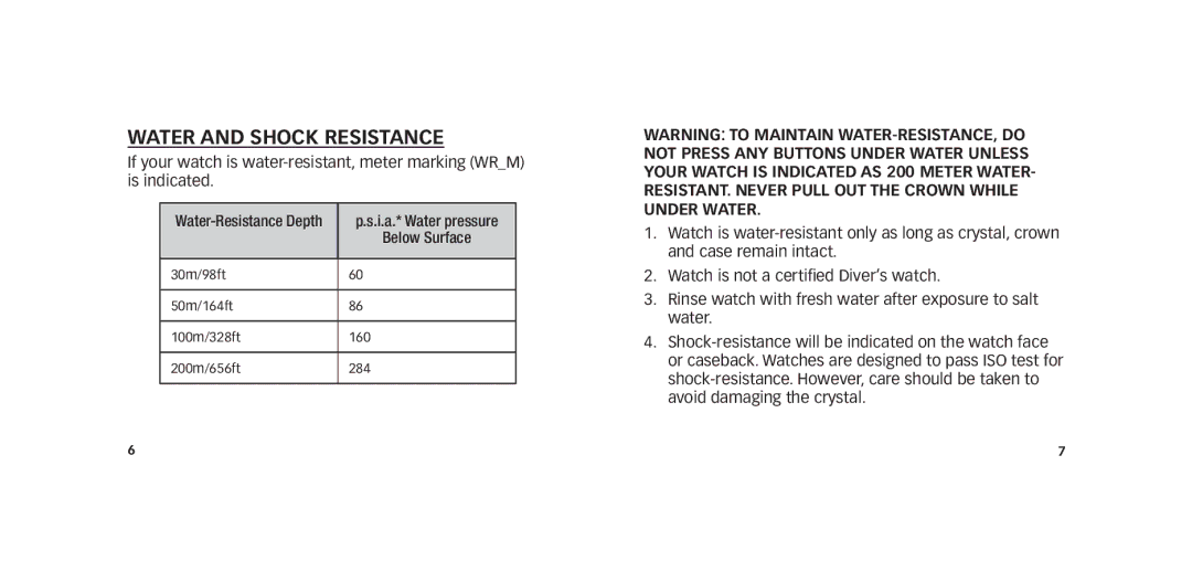 Timex W273 NA 355-095008-02 manual Water and Shock Resistance 