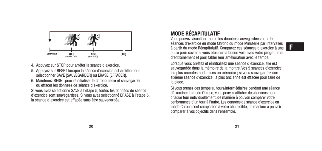 Timex W279 quick start Mode Récapitulatif, Appuyez sur Stop pour arrêter la séance d’exercice 