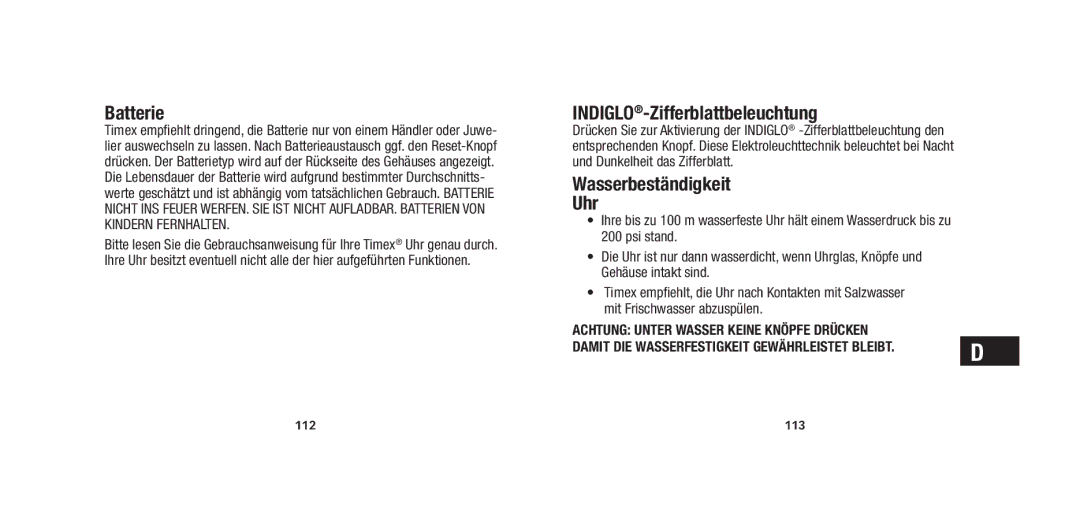 Timex W279 Batterie, INDIGLO-Zifferblattbeleuchtung, Wasserbeständigkeit Uhr, Achtung Unter Wasser Keine Knöpfe Drücken 