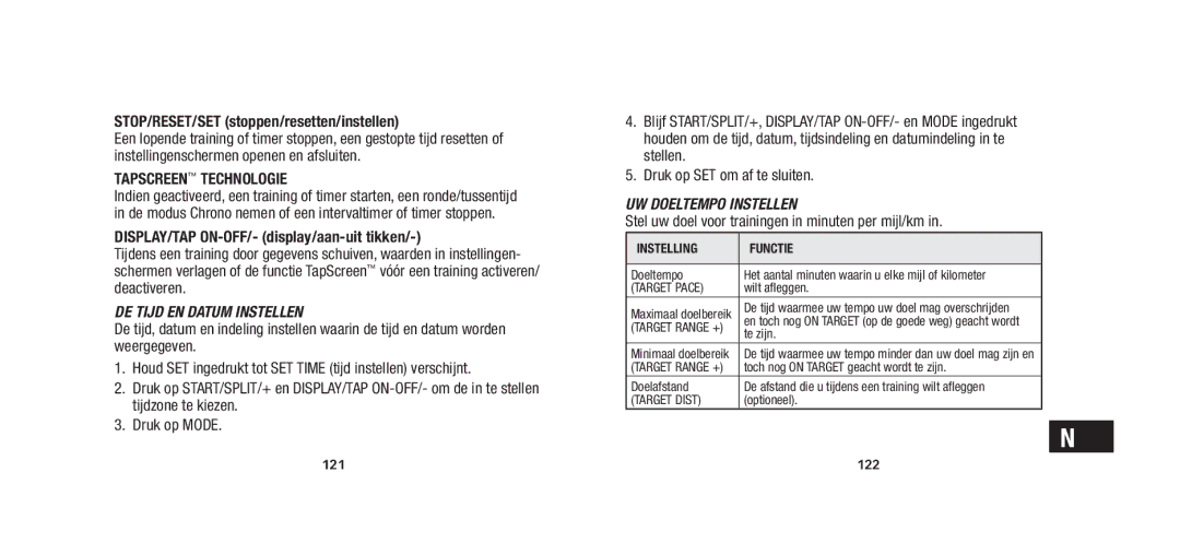 Timex W279 STOP/RESET/SET stoppen/resetten/instellen, DISPLAY/TAP ON-OFF/- display/aan-uit tikken, Uw doeltempo instellen 