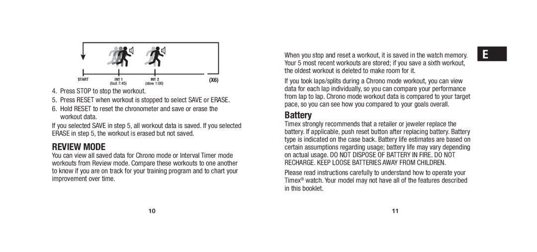 Timex W279 quick start Review Mode, Battery, Oldest workout is deleted to make room for it, This booklet 