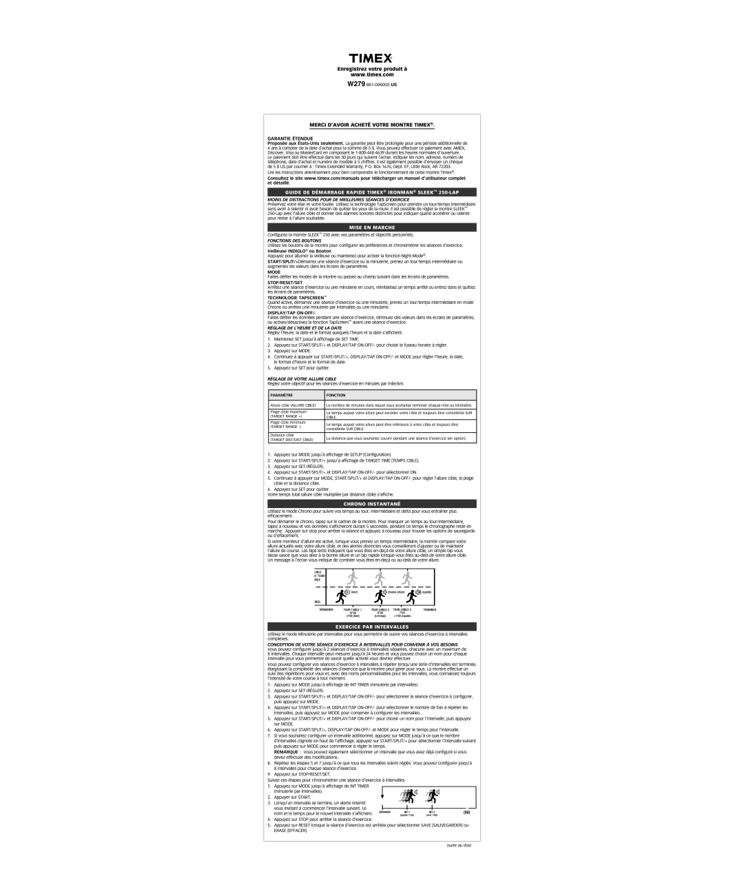 Timex W279 warranty Guide de démarrage rapide Timex ironman sleek 250-LAP, Mise en marche, Chrono instantané 