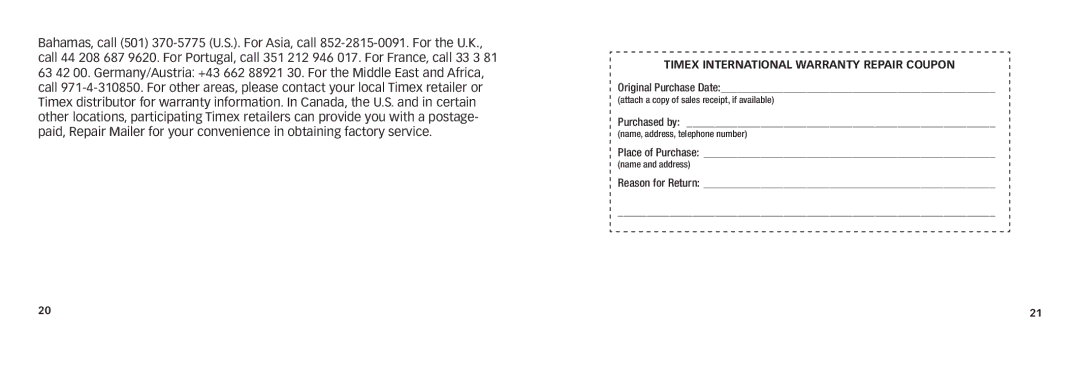 Timex W280 quick start Timex International Warranty Repair Coupon 