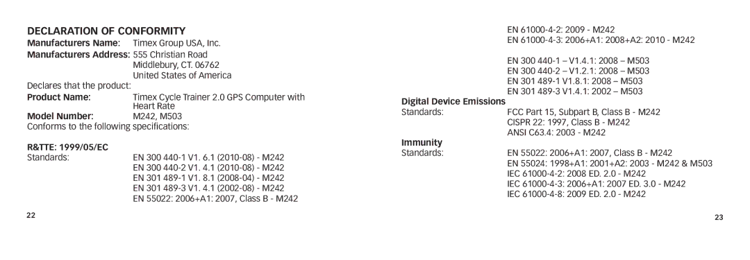 Timex W280 quick start Declaration of Conformity, TTE 1999/05/EC, Digital Device Emissions, Immunity 