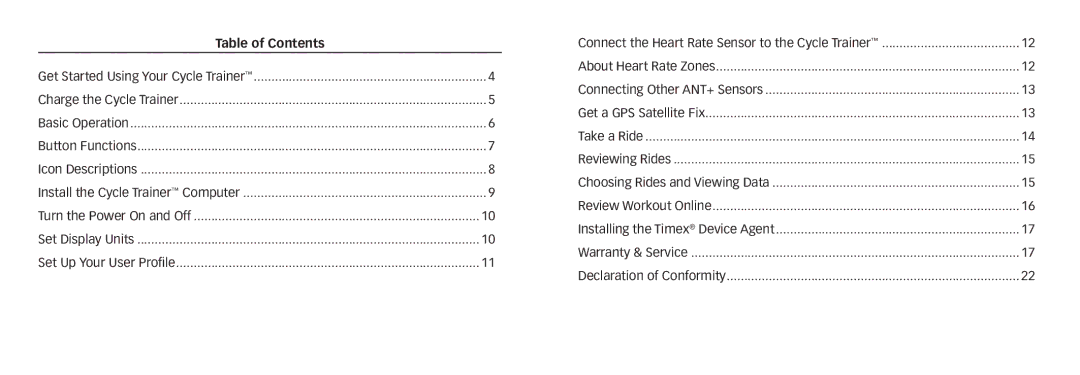 Timex W280 quick start Table of Contents 