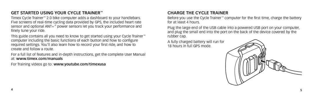 Timex W280 quick start Get Started Using Your Cycle Trainer, Charge the Cycle Trainer 