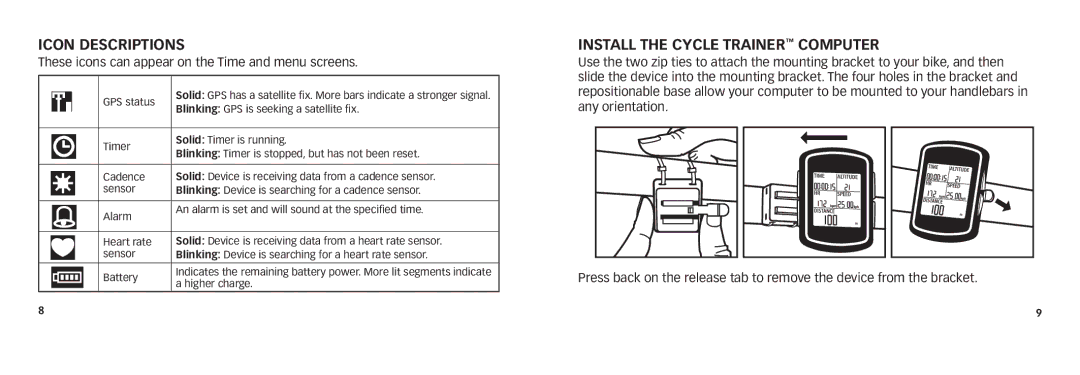 Timex W280 quick start Icon Descriptions, Install the Cycle Trainer Computer 