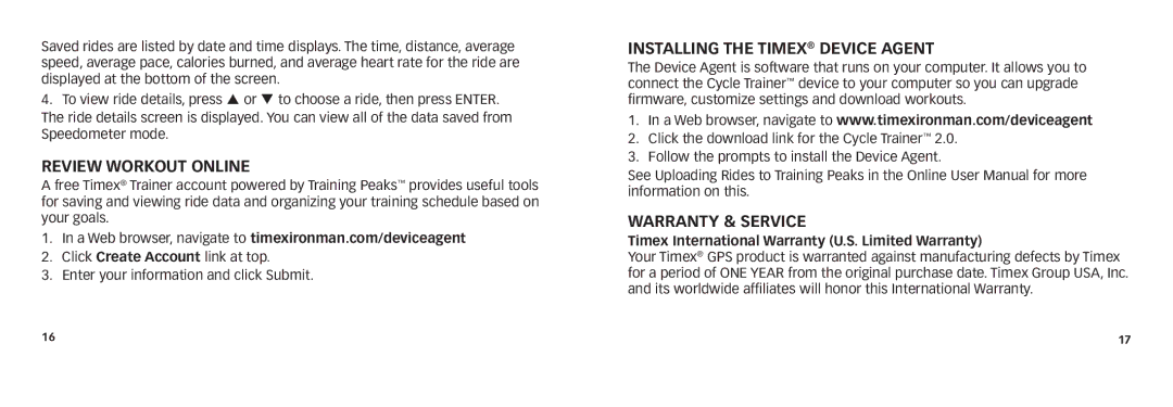 Timex W280 quick start Review Workout Online, Installing the Timex Device Agent, Warranty & Service 