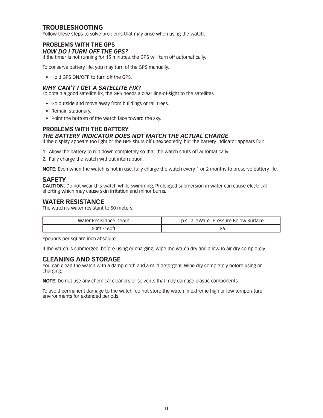 Timex W293 manual Troubleshooting, Safety Water Resistance, Cleaning and Storage 