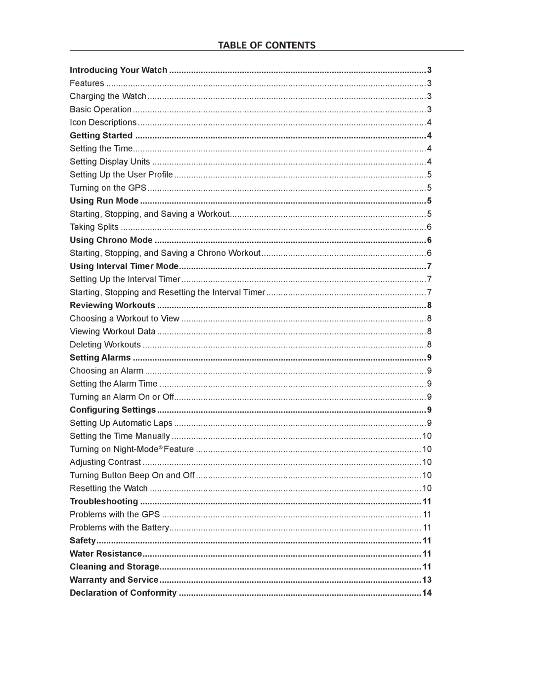 Timex W293 manual Table of Contents 