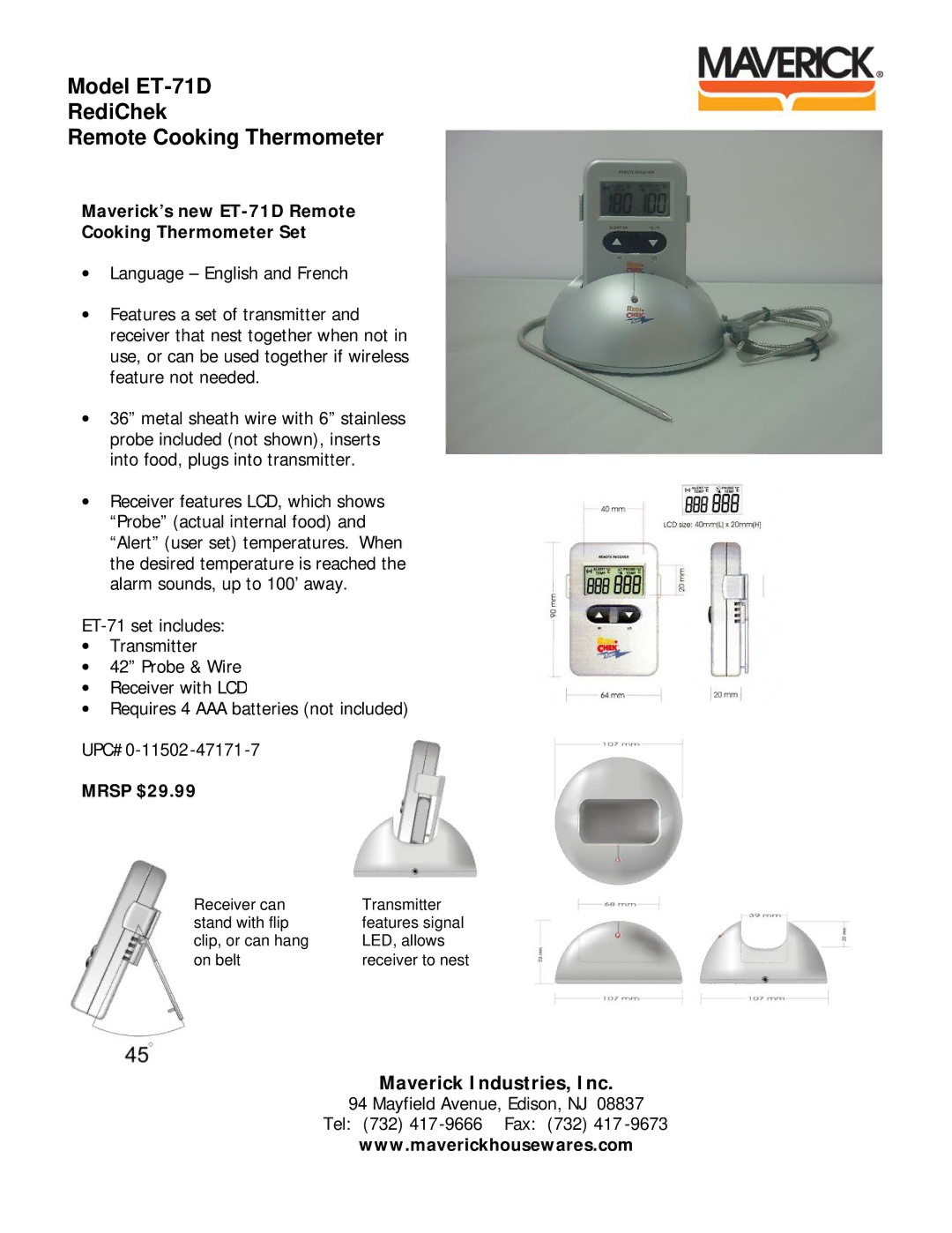 TIMEX Weather Products manual Model ET-71D RediChek Remote Cooking Thermometer, Mrsp $29.99 