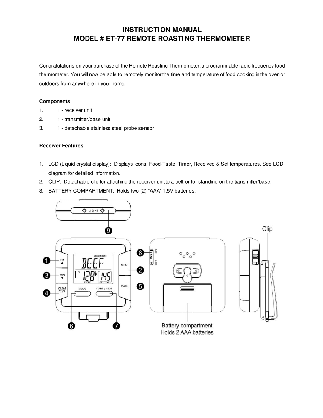 TIMEX Weather Products ET-77 instruction manual Components, Receiver Features 