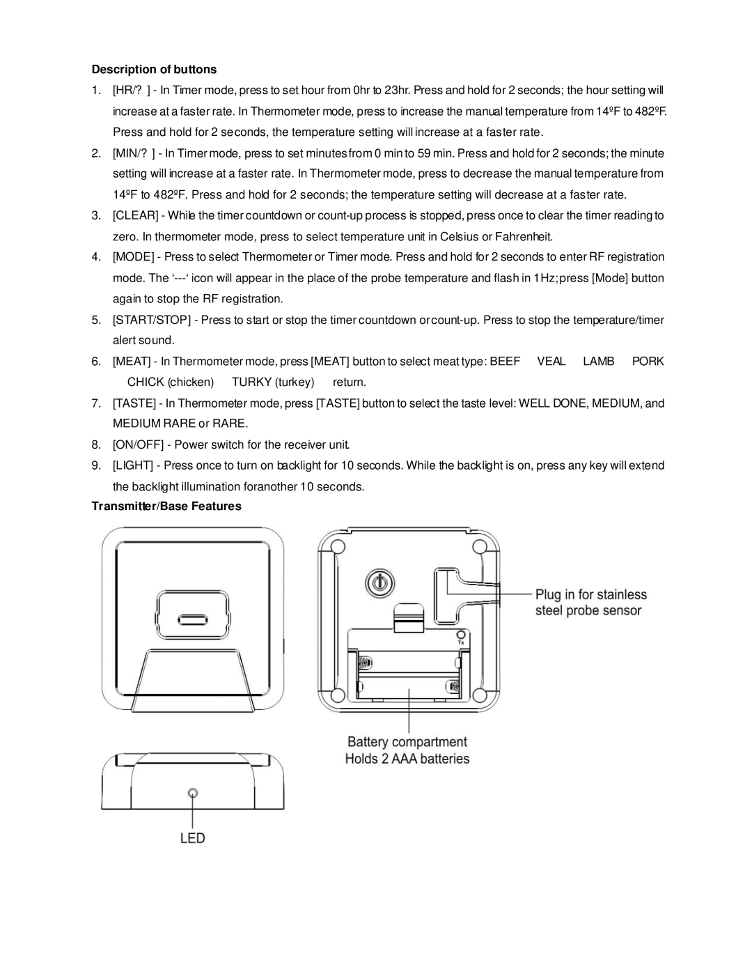 TIMEX Weather Products ET-77 instruction manual Description of buttons, Transmitter/Base Features 