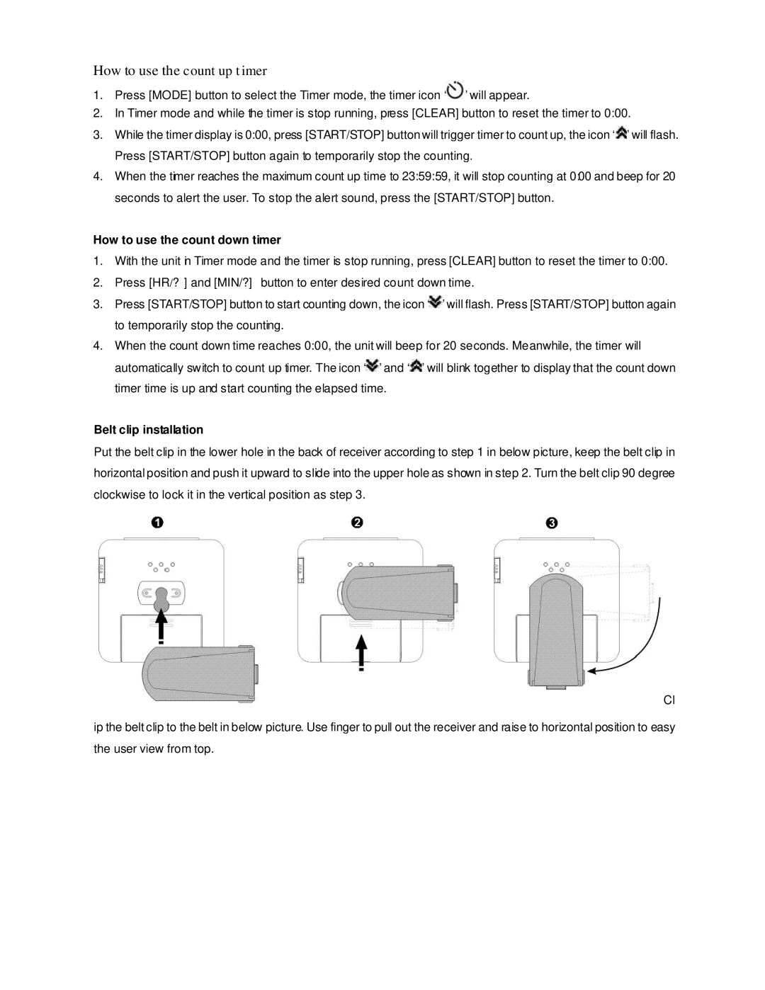 TIMEX Weather Products ET-77 instruction manual How to use the count down timer, Belt clip installation 