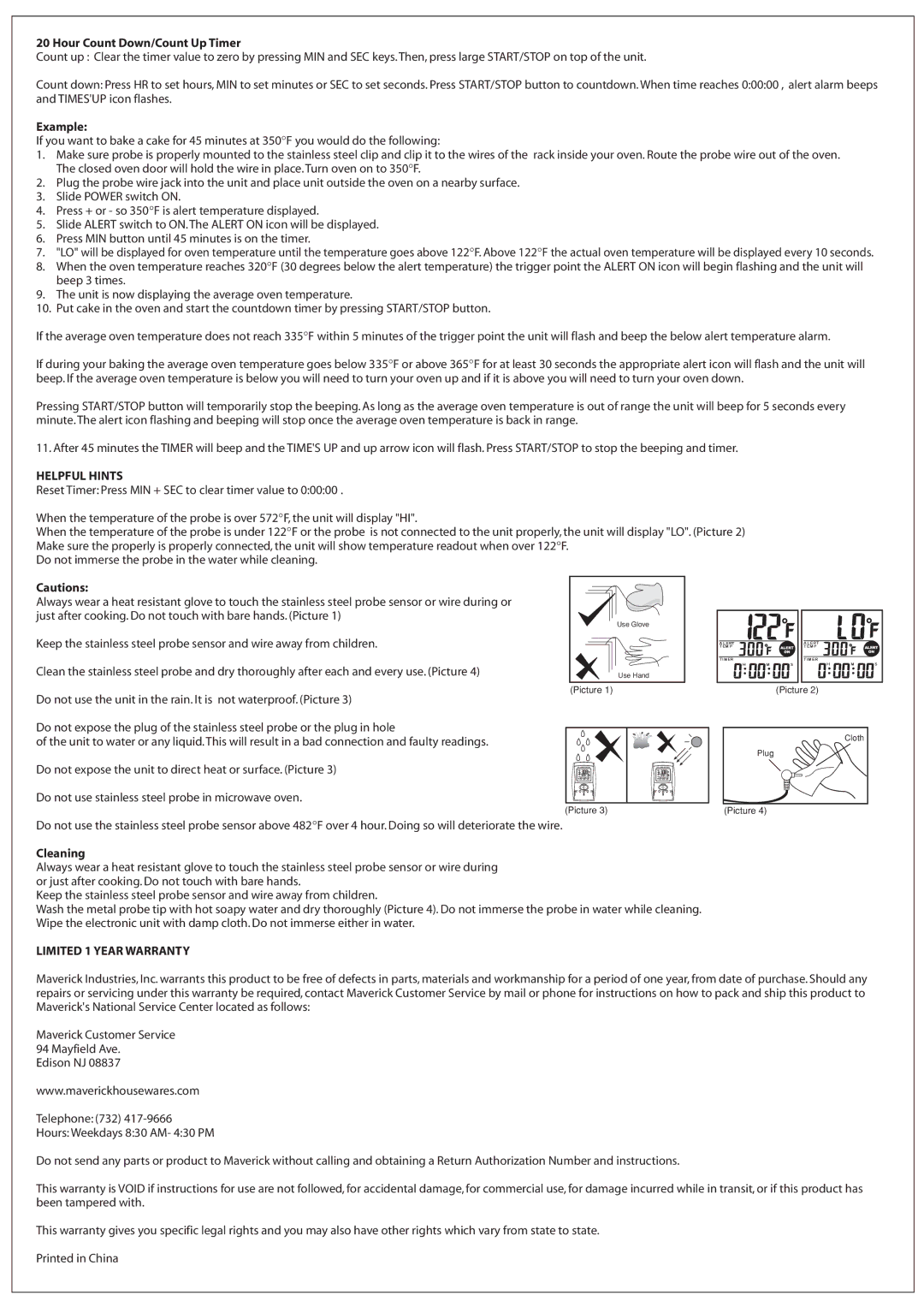 TIMEX Weather Products OT-03 Hour Count Down/Count Up Timer, Example, Helpful Hints, Cleaning, Limited 1 Year Warranty 