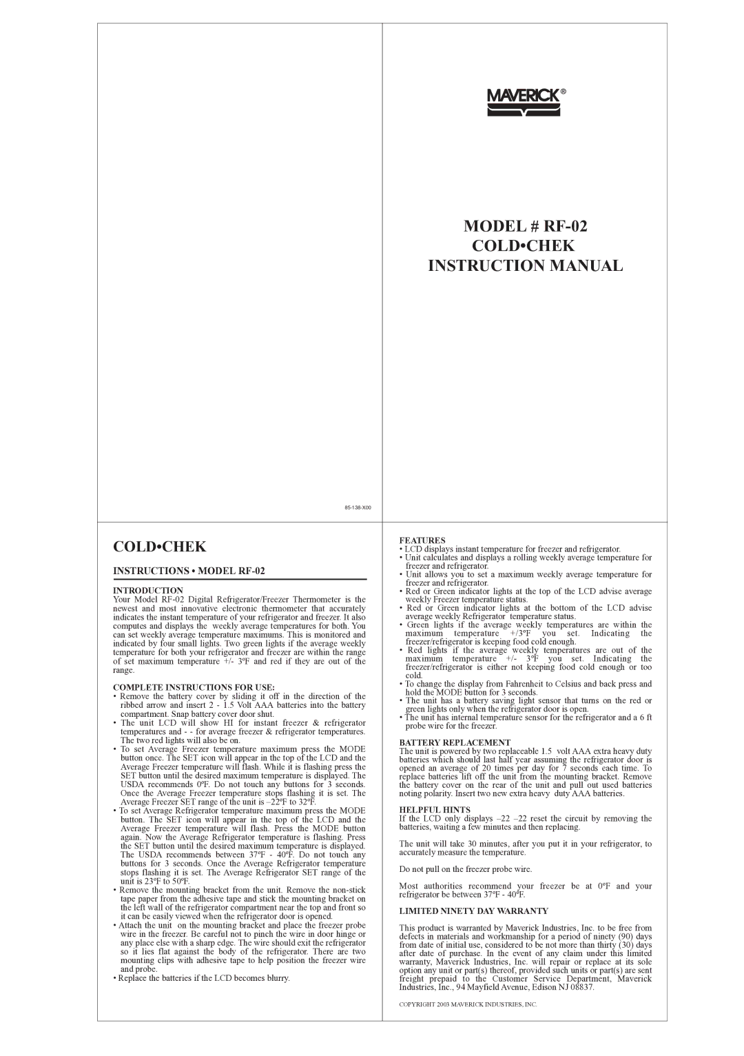 TIMEX Weather Products instruction manual Model # RF-02 Coldchek, Instructions Model RF-02 