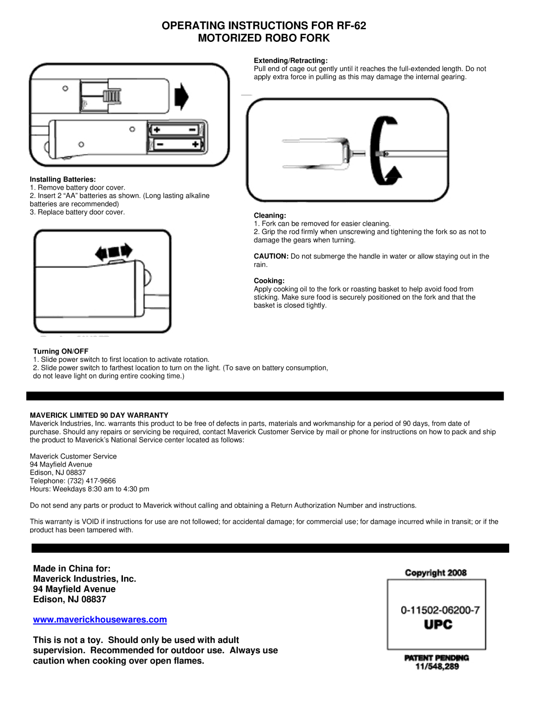 TIMEX Weather Products warranty Operating Instructions for RF-62 Motorized Robo Fork, Maverick Limited 90 DAY Warranty 