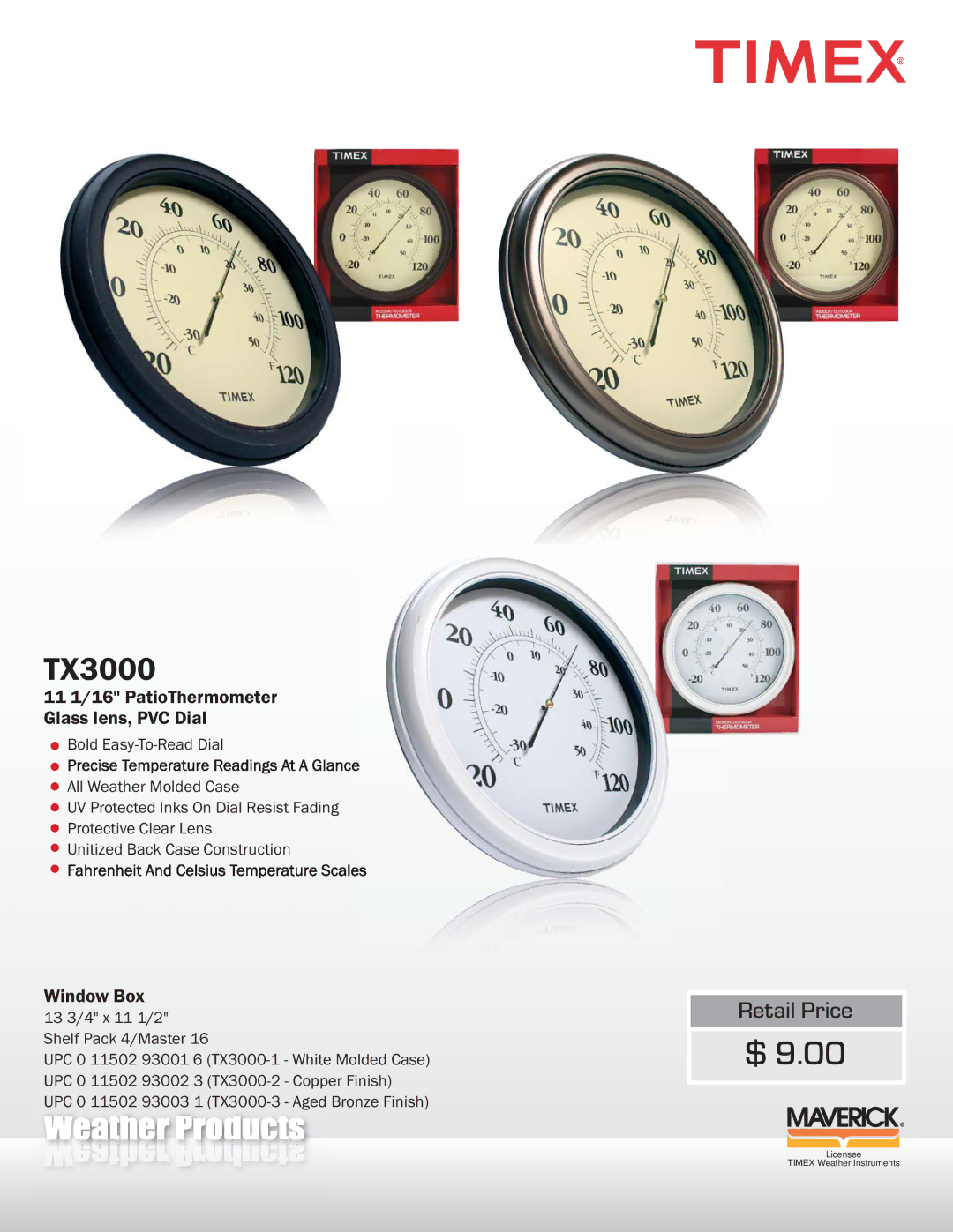 TIMEX Weather Products TX3000 manual 11 1/16 PatioThermometer Glass lens, PVC Dial, Window Box 