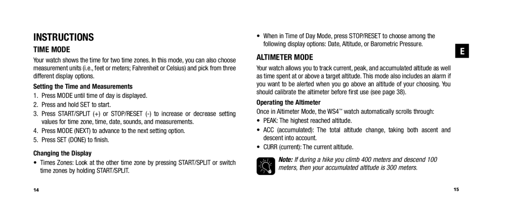 Timex W253 Time Mode, Altimeter Mode, Setting the Time and Measurements, Changing the Display, Operating the Altimeter 