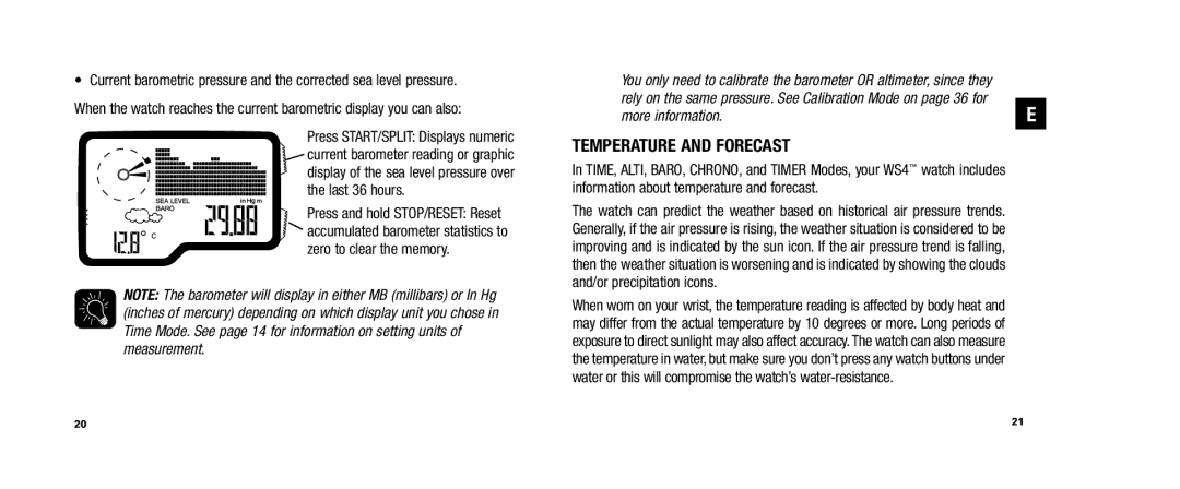 Timex W253, WS4, 810-095009-NA user manual Temperature and Forecast 