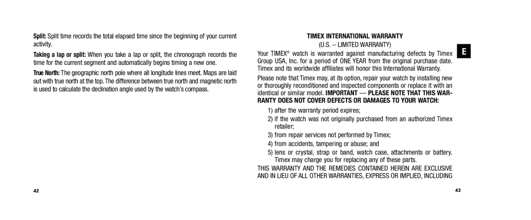 Timex WS4, W253, 810-095009-NA user manual Timex International Warranty 