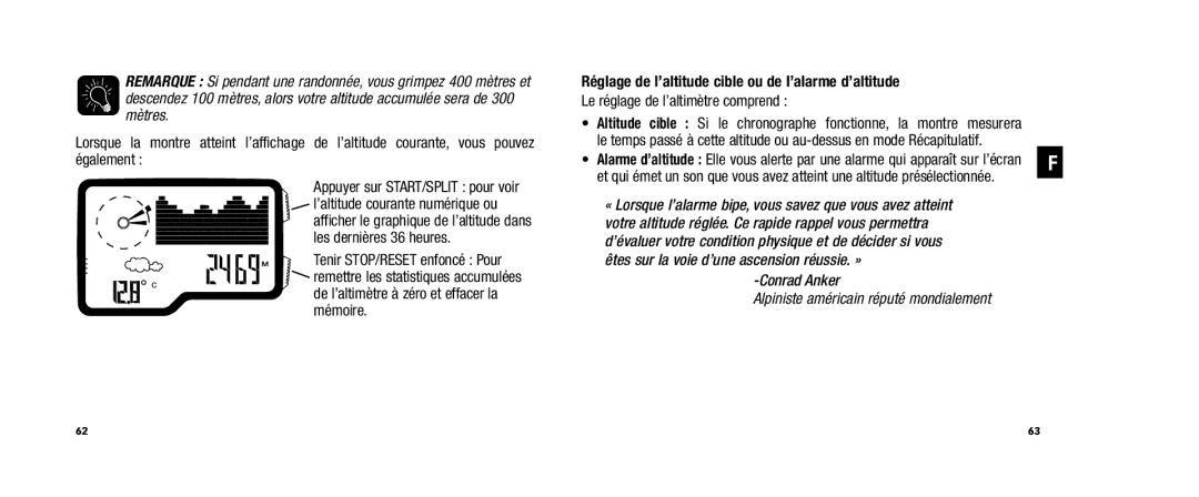 Timex WS4 user manual De l’altimètre à zéro et effacer la mémoire, Réglage de l’altitude cible ou de l’alarme d’altitude 