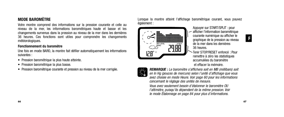 Timex WS4 user manual Mode Baromètre, Fonctionnement du baromètre, Et effacer la mémoire 