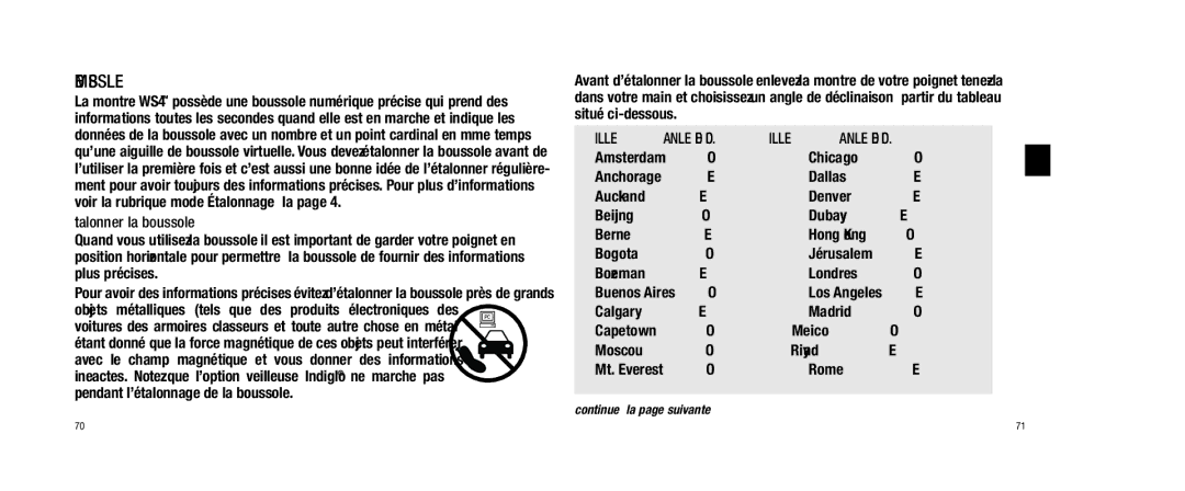 Timex WS4 user manual Mode Boussole, Ville Angle DE DÉC 