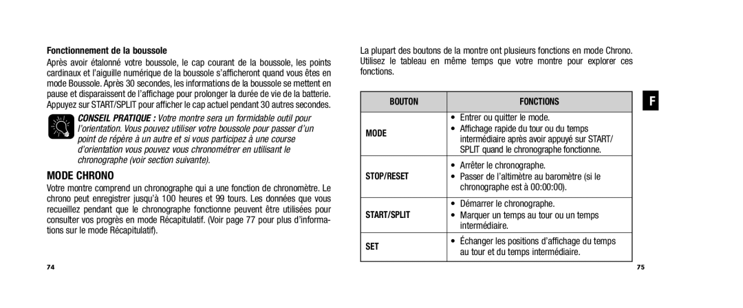 Timex WS4 user manual Mode Chrono, Fonctionnement de la boussole 