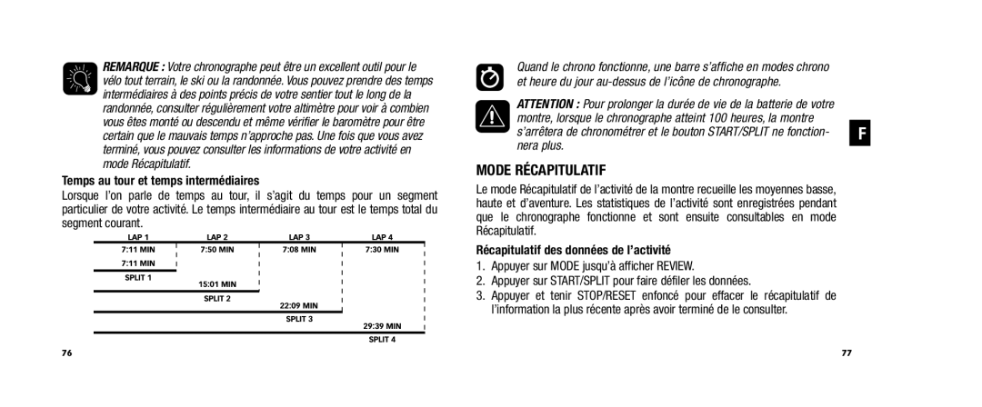 Timex WS4 user manual Mode Récapitulatif, Temps au tour et temps intermédiaires, Récapitulatif des données de l’activité 