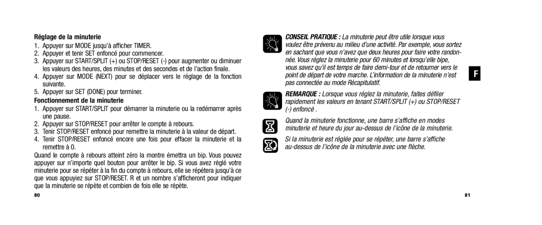 Timex WS4 user manual Réglage de la minuterie, Fonctionnement de la minuterie 