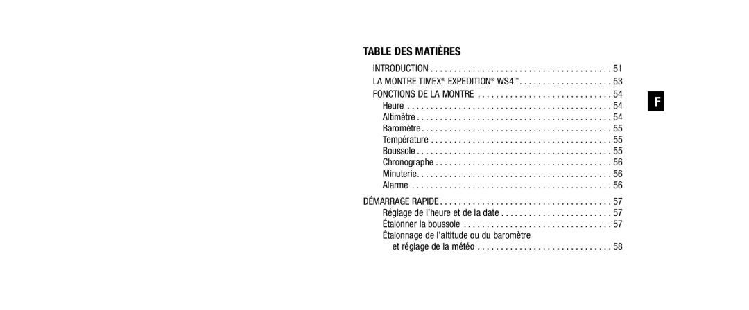 Timex WS4 user manual Table DES Matières, Et réglage de la météo 