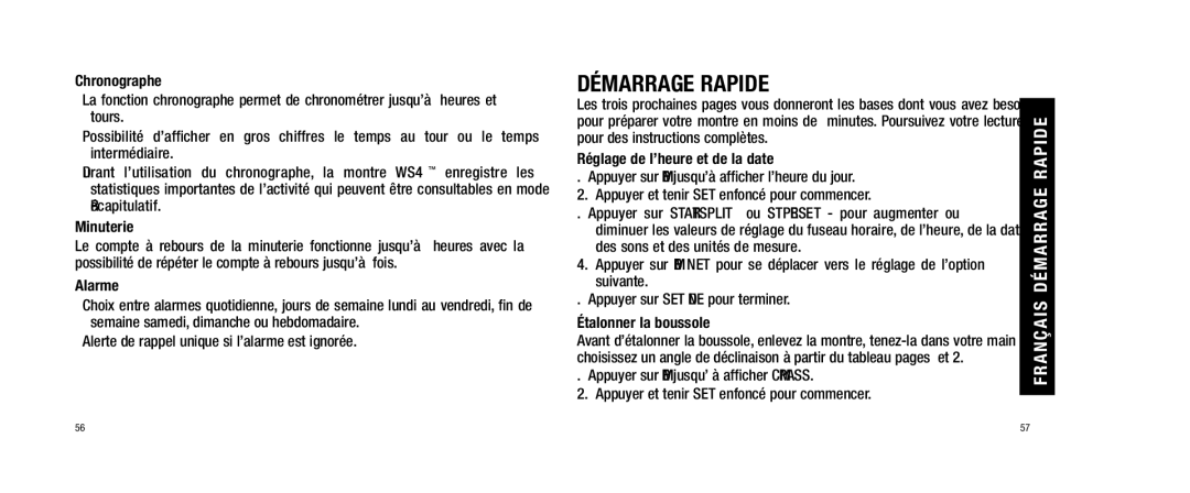 Timex WS4 user manual Chronographe, Minuterie, Alarme, Réglage de l’heure et de la date, Étalonner la boussole 