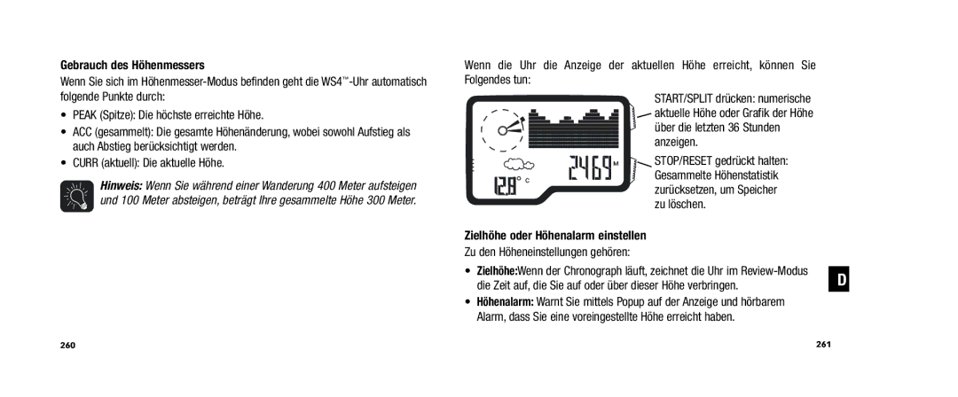 Timex WS4 user manual Gebrauch des Höhenmessers, Zielhöhe oder Höhenalarm einstellen 