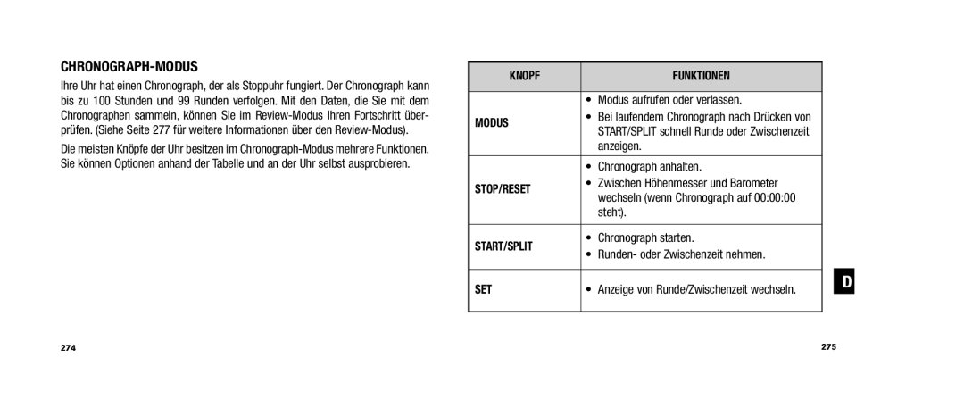 Timex WS4 user manual Chronograph-Modus 