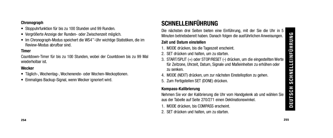 Timex WS4 user manual Chronograph, Timer, Wecker, Zeit und Datum einstellen, Kompass-Kalibrierung 