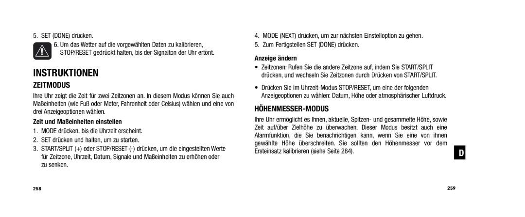 Timex WS4 user manual Zeitmodus, Höhenmesser-Modus, Zeit und Maßeinheiten einstellen, Anzeige ändern 