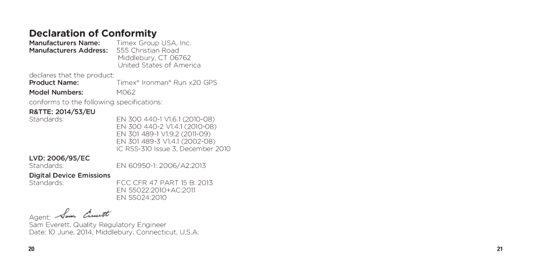 Timex WW W302 062-095000 quick start Declaration of Conformity 