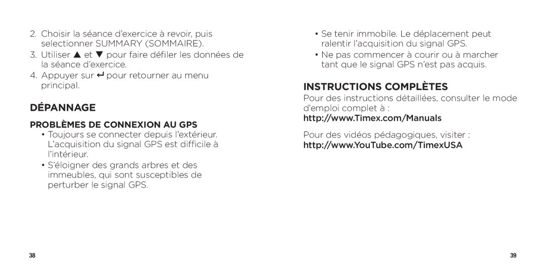 Timex WW W302 062-095000 quick start Dépannage, Instructions Complètes, Problèmes DE Connexion AU GPS 