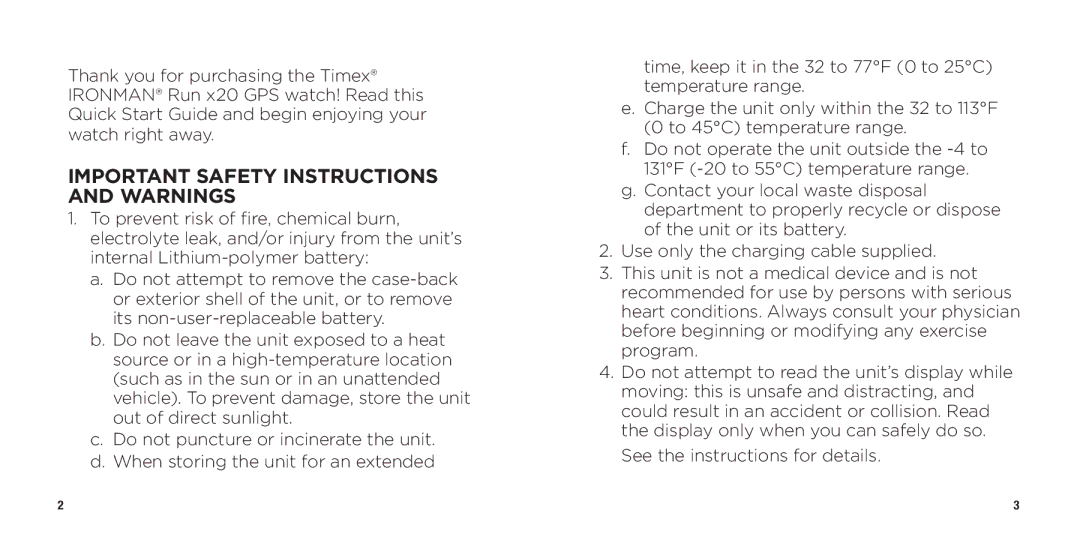 Timex WW W302 062-095000 quick start Important Safety Instructions and Warnings 