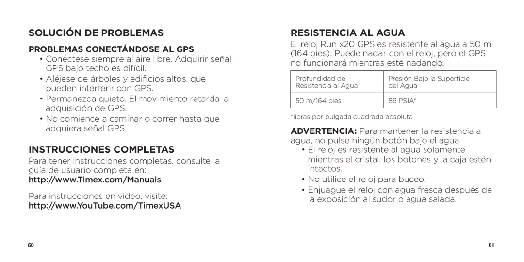 Timex WW W302 062-095000 Solución DE Problemas, Instrucciones Completas Resistencia AL Agua, Problemas Conectándose AL GPS 