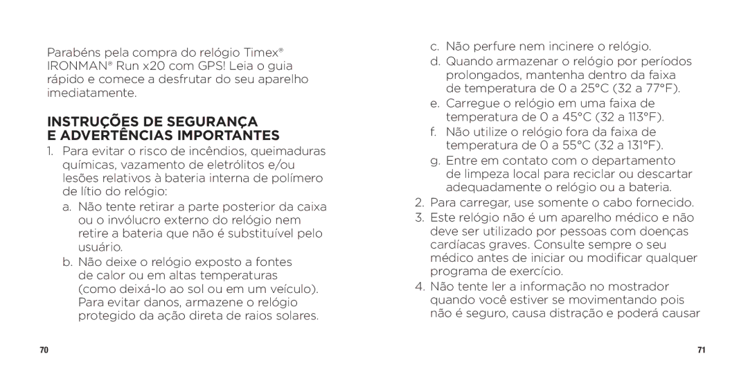 Timex WW W302 062-095000 quick start Instruções DE Segurança Advertências Importantes 