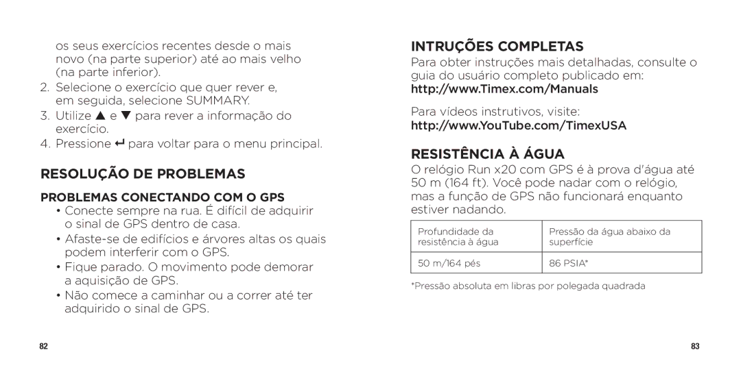 Timex WW W302 062-095000 Resolução DE Problemas, Intruções Completas, Resistência À Água, Problemas Conectando COM O GPS 